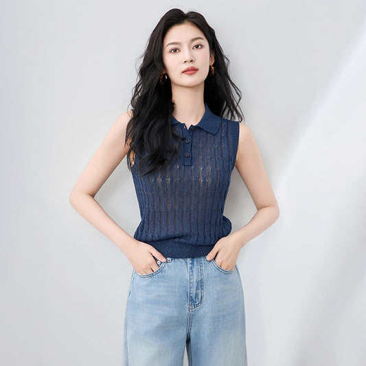 Retro Turquoise Polo Collar Knitted Vest Women's Summer New Style Sleeveless Shoulder Pad Top High-End Feeling Casual Wear