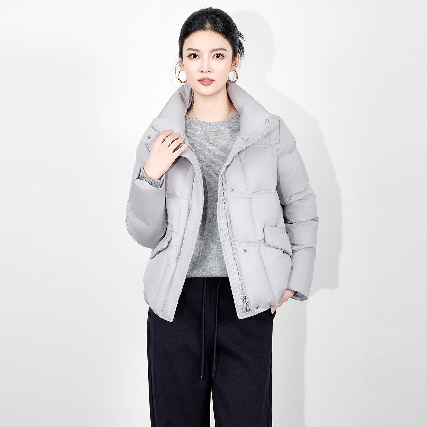 Women's Short Puffer Jacket Hot Sale of The Season Winter Fashion Half Circle Button Warm Trendy Stand Collar Coat Polyester...