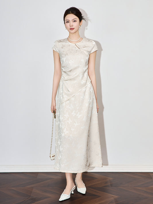 Elegant Vintage Chinese Print Long Dress Women's Summer Asymmetrical Hemline Polyester Fiber Stand Collar Knee-Length Dress