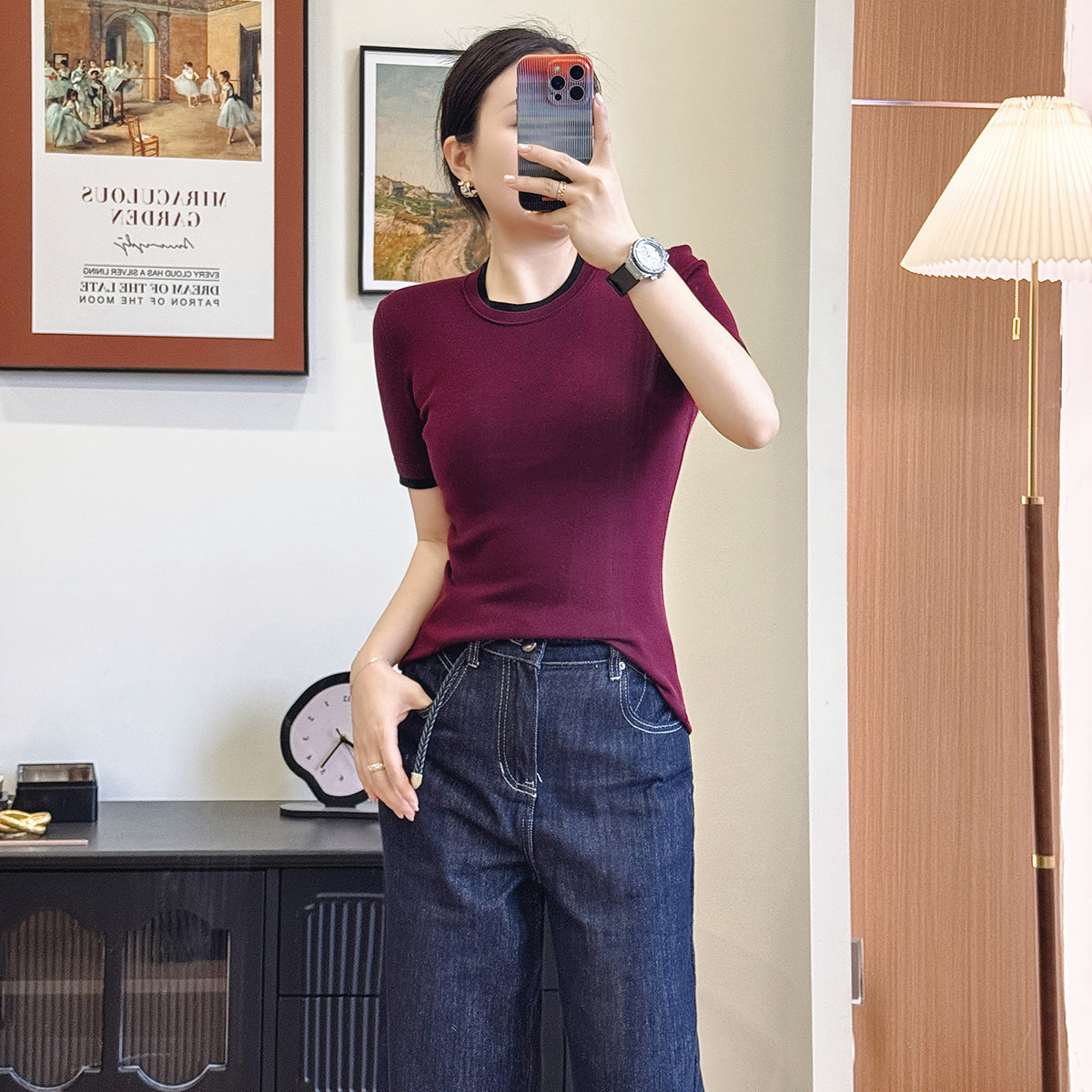 New Sle Women's Slim Fit Ort Sve T-irt Square Collar Tead Design Faionable Spring Summer Top Casual Wear