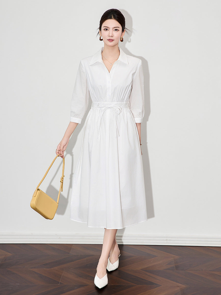 French Style Waist-Cinching Shirt Dress Stand Collar Elegant Women's New Style Mid-Length A- Line Skirt Polyester Fiber