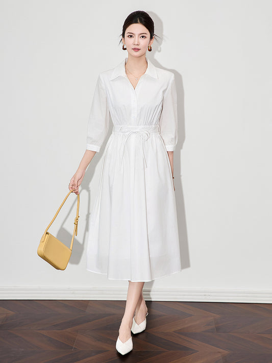 French Style Waist-Cinching Shirt Dress Stand Collar Elegant Women's New Style Mid-Length A- Line Skirt Polyester Fiber