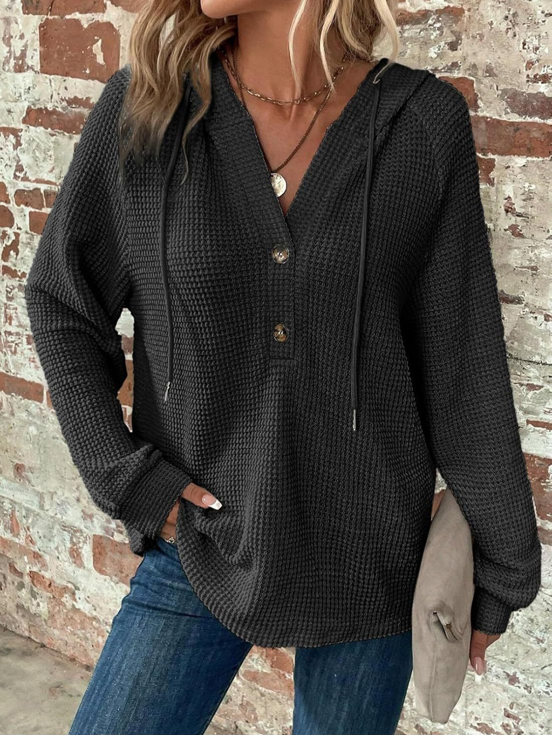 Cross-border New Women's Hoodie Knitted Drawstring Buttons V-neck Long Sleeve Pullover Casual Sports Sweatshirt