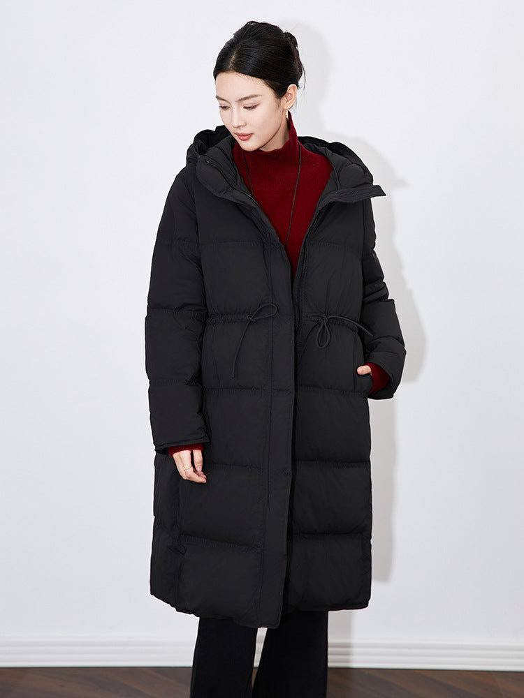 Women's Thickened White Duck Down Hooded Jacket Belted Waist Warm Coat Winter New Style Casual Long Sleeve Zipper Closure