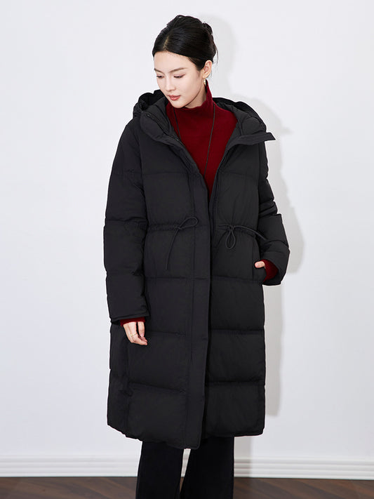 Women's Thickened White Duck Down Hooded Jacket Belted Waist Warm Coat Winter New Style Casual Long Sleeve Zipper Closure