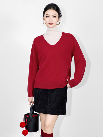 100% Merino Wool Women Pullovers V-neck Long Sleeve Knitted Woolen Basics Sweaters Loose Tops Women's Solid Pullover Sweater