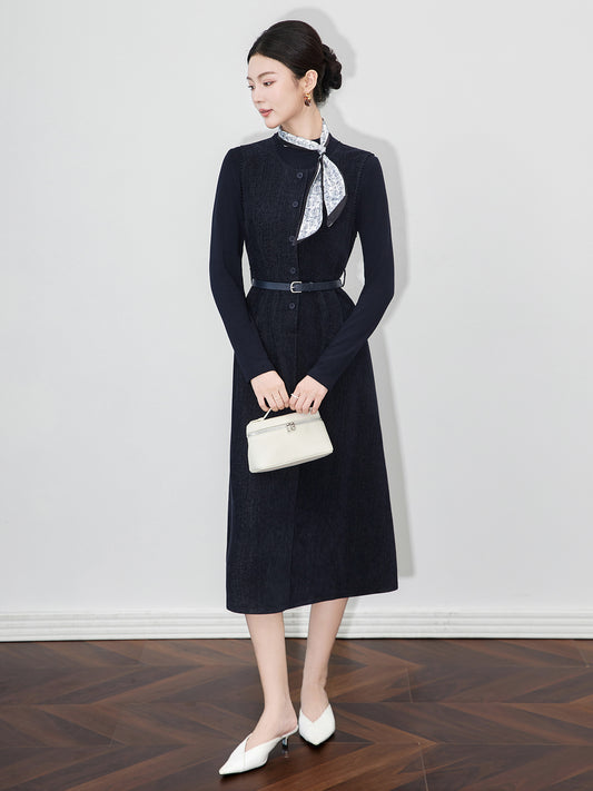 Women's Thickened Precision Spun Silk Knitted Dress Round Neck Base Skirt Butterfly Knot Single Button Design Slimming Effect