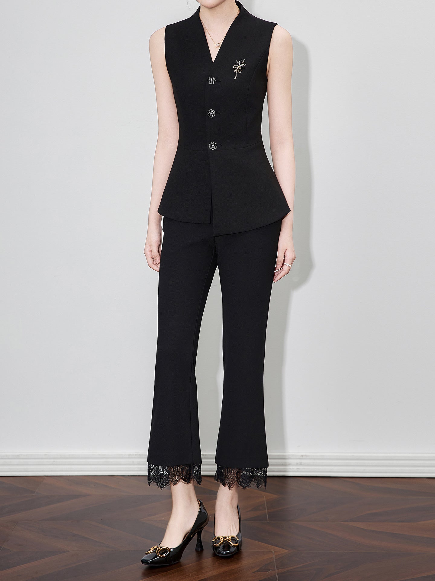 Early Autumn Bamboo Texture Three-acetate Blend Waist-cinching Fashionable V-neck Vest Versatile Solid Color No Decoration