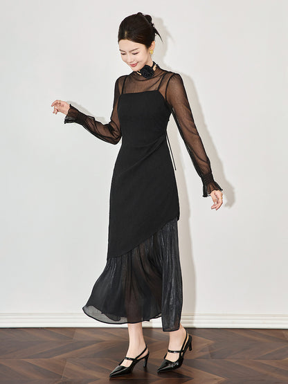 Spring and Summer New Fashion Personality Mesh Stitching High Neck Long Sleeve Black Temperament Sexy Club Wowen's Dress
