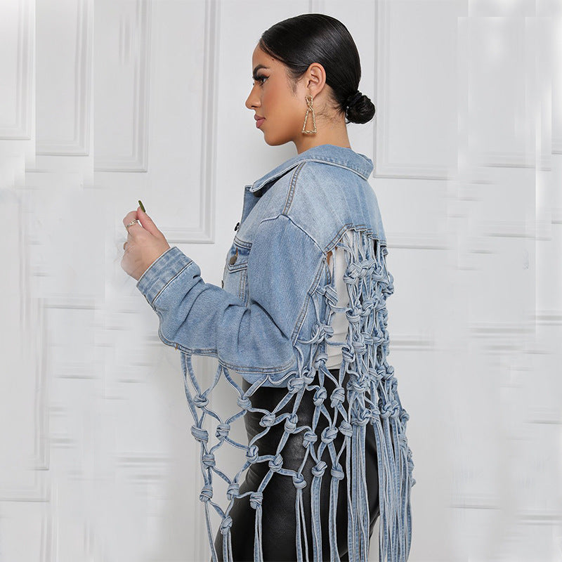 Women Denim Jacket Back Grid Fringe Design Denim Jacket Ladies Spring and Fall Fashion Short Personalized Jacket Coat