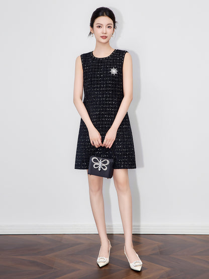 French Elegant Temperament Socialite Tweed Dresses Beaded Sequin Round Neck Sleeveless High Waist Slim A-line Short Dress Women
