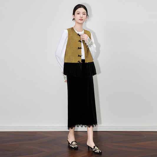 High-Quality Velvet Vest Top with Embroidery Splicing New Chinese Style National Trend Slimming Effectiveness for Women