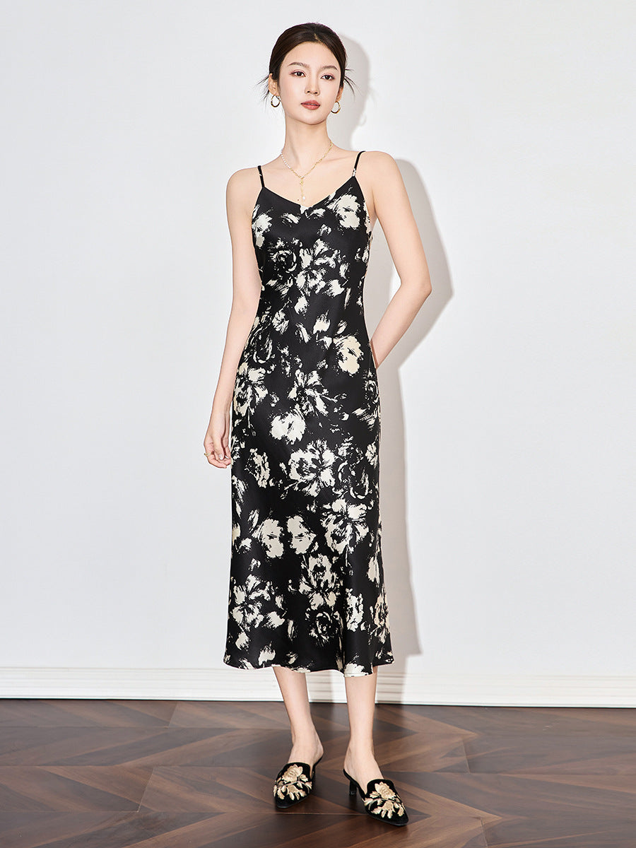 Elegant V-Neck Printed Floral Vintage Slip Dress Female Clothing  Summer New Loose Office Lady Sleeveless Dresses