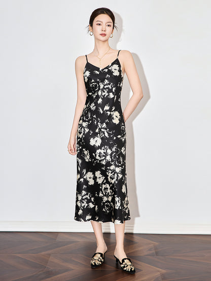 Elegant V-Neck Printed Floral Vintage Slip Dress Female Clothing  Summer New Loose Office Lady Sleeveless Dresses