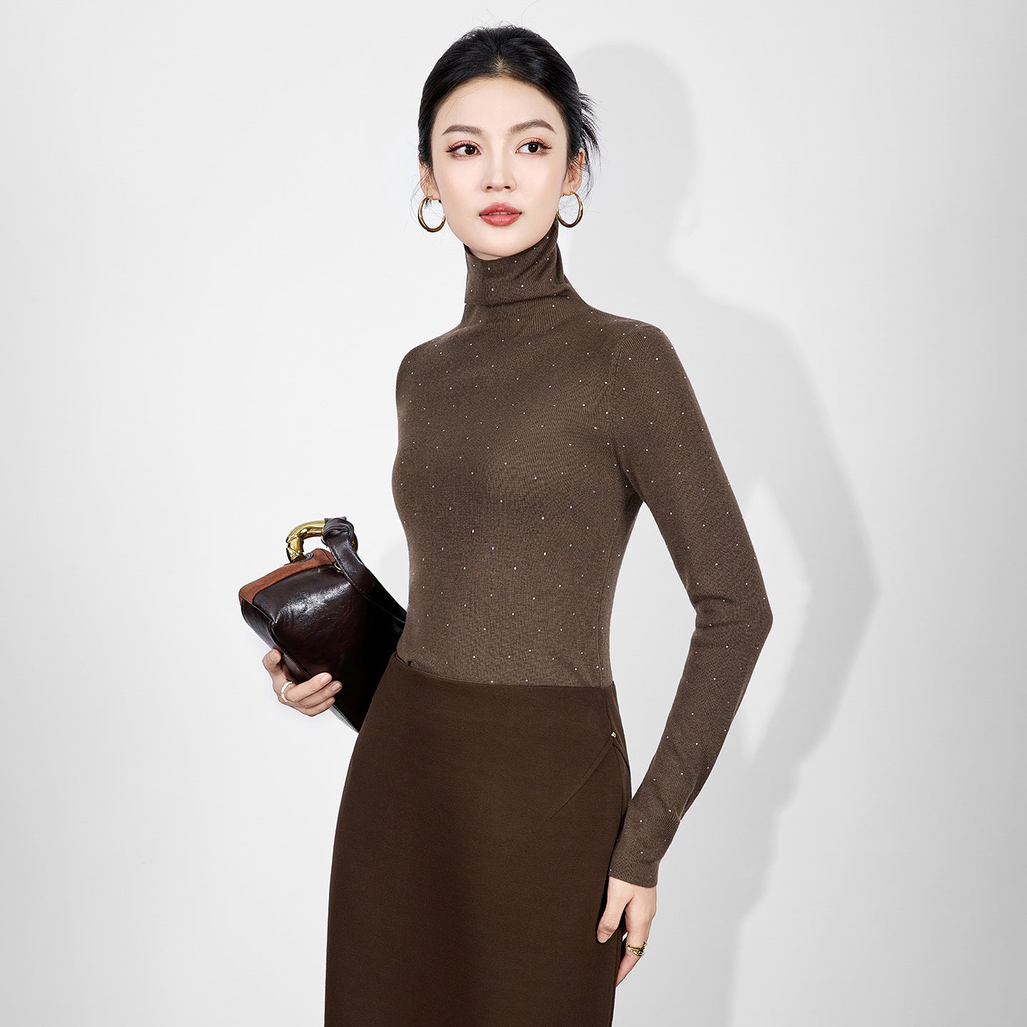 Fashionable High Neck Knitwear Women's Autumn Winter New Style Rhinestone Slimming Ageless Base Shirt Inner Wear Top