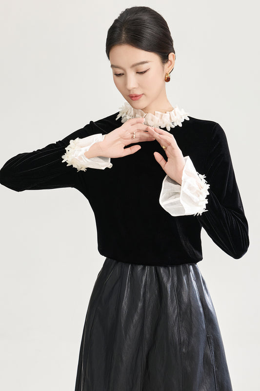 French Romantic Lace Collar Flannel Shirt Womens Blouse Spring Autumn Floral Petal Neck Elegant