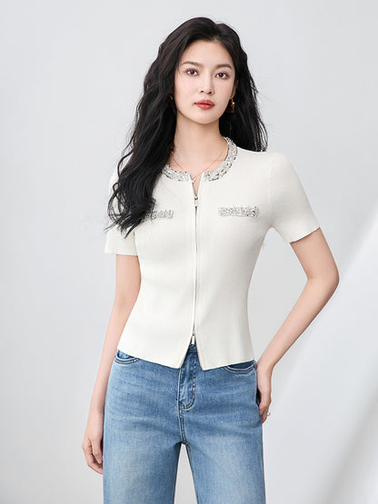 Women's Double Zipper Knit Cardigan Diamond Studded Nail Beaded Sequined Short Sleeve Slim Fit Sweater Knitwear Top for Female