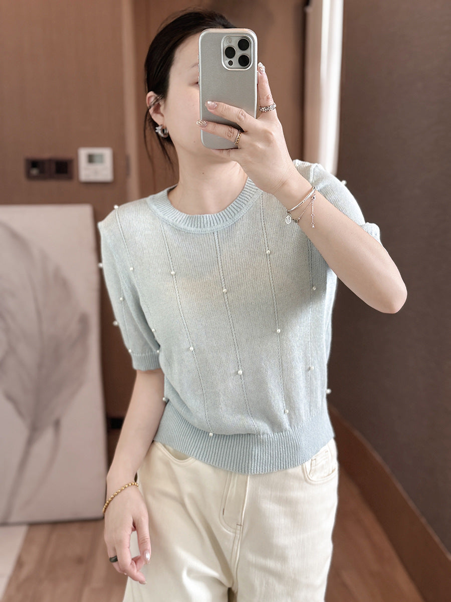 Women's Clothing Loose Ice Silk T-shirt Summer Popular Hot Item Knitted Short Sleeve Pullover Lady All-match Round Neck Top Tees