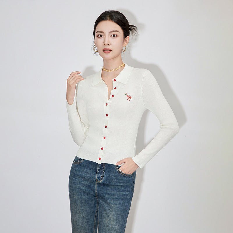 Exquisite Fine Merino Wool Button Cardigan with Embroidery Color Block Design for Women Long Sleeve Slim Fit Basic Style