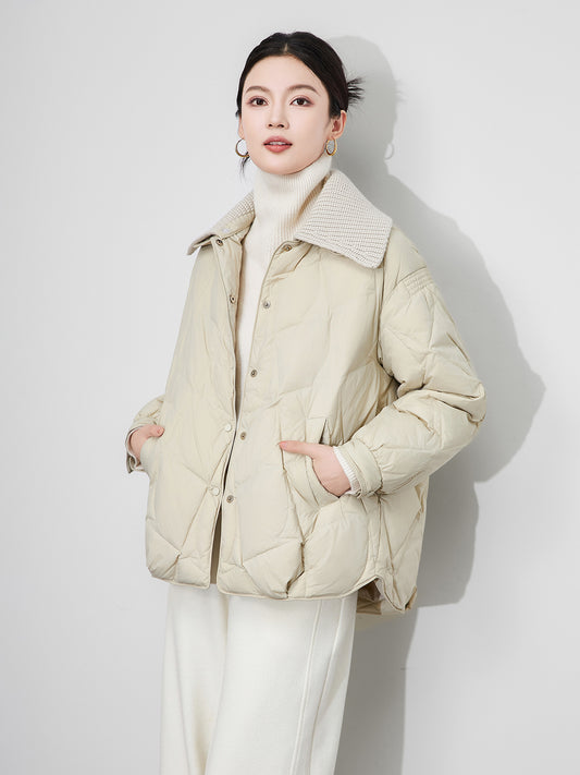 Elegant Ladylike Duck Down Jacket Lightweight Short Sleeve Long Sleeve Stand Collar Quilted Nylon Fabric French Style Commute