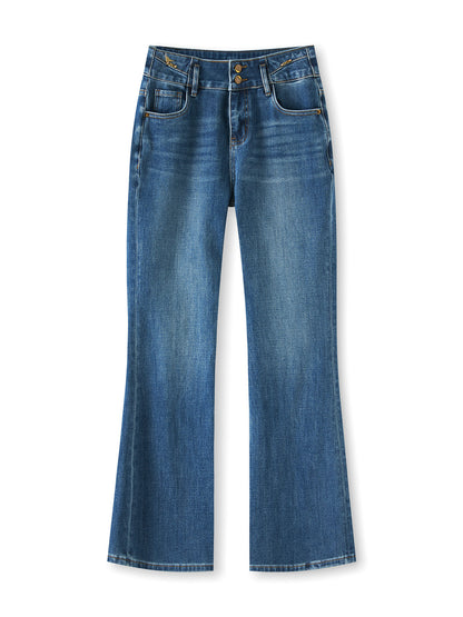 High Waist Bell Bottom Jeans Women's Elastic Slimming Casual Fish Tail Pants Vintage Style Long Polyester Fiber Commute Style