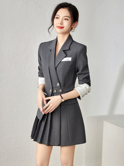 Korean Style Female Mini Dress Spring Long Sleeve Notched Collar Woolen Pleated Dresses Elegant Office Lady Blazers Slim Suits