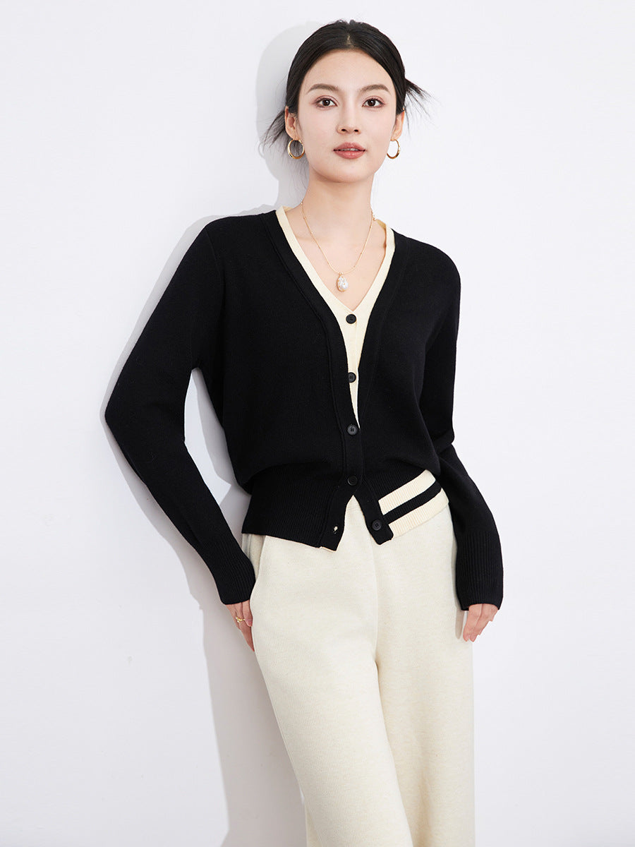 Color Block V-Neck Knitted Open Cardigan Fashionable Versatile Women's Single Piece Long Sleeve Basic Fit Style Elegant Commute