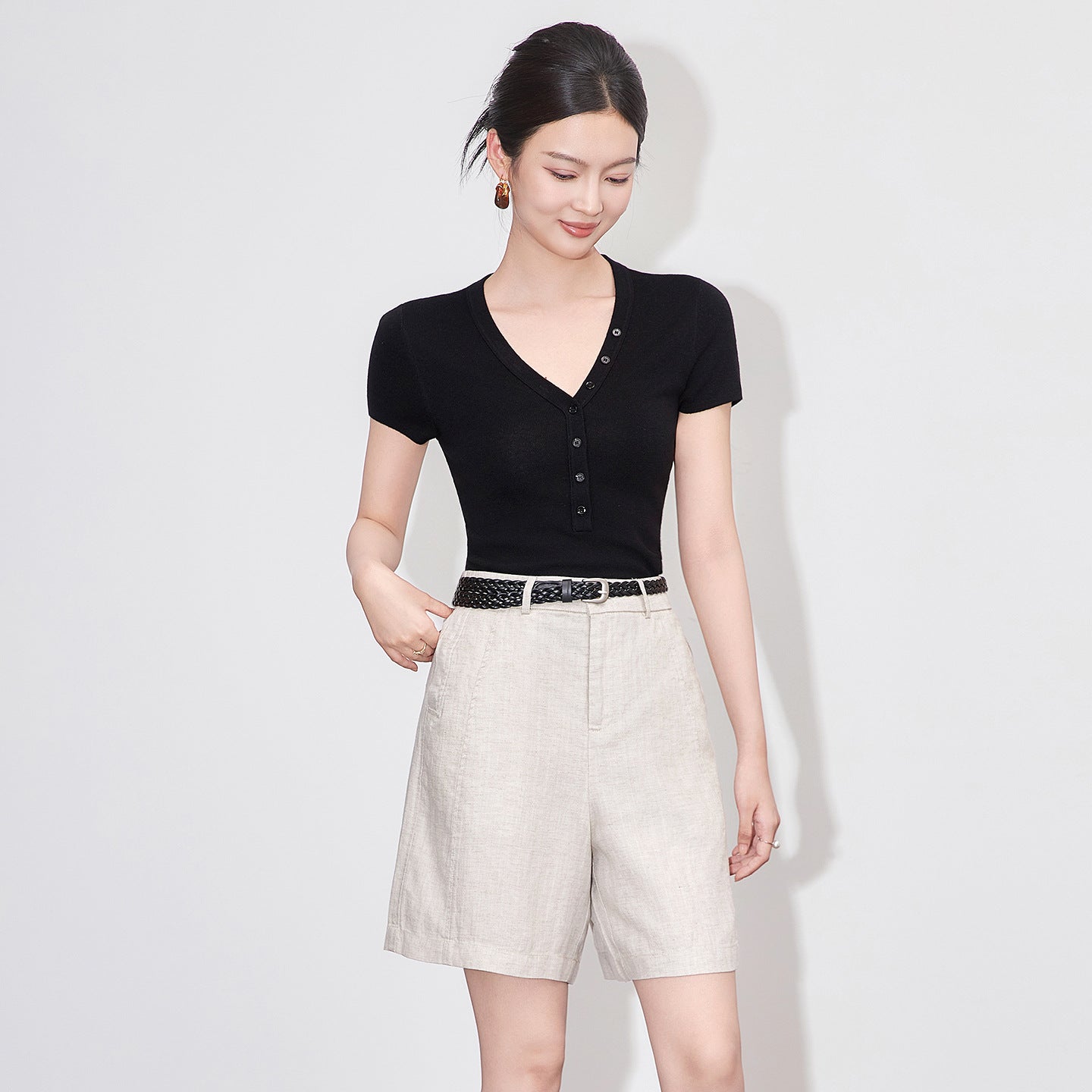 Slim Fit V-Ne Ort Sve T-irt Women's Casual Sle Cotton Blend Comfortable Breathable Summer Top Faionable Design