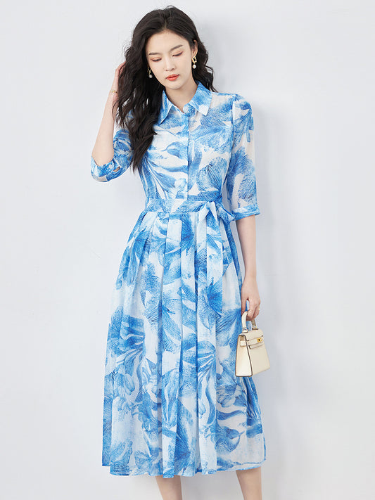Women Turn-Down Collar Button With Sashes Print Dress A-Link Dress