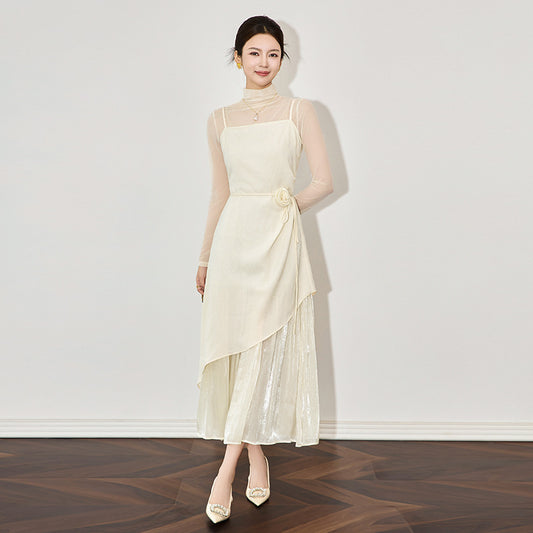 Women's Plus Size Knitted Mesh Dress Set, Sexy Tight-Fitting Top & Strapless Skirt Two-Piece, Casual Knee-Length for All Seasons