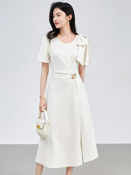 Women Summer Dress Fashion Solid Work OL Midi Sundress Stylish O Neck Short Sleeve Party Vestidos Pleated Robe Femme