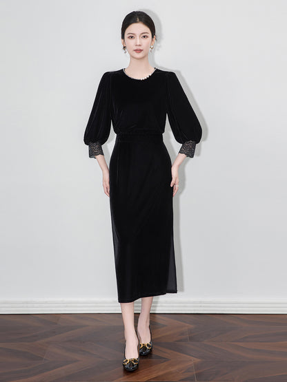 Women's Black Velvet Dress Hollow Design Pearl Slim Fit Elegant Midi Robe