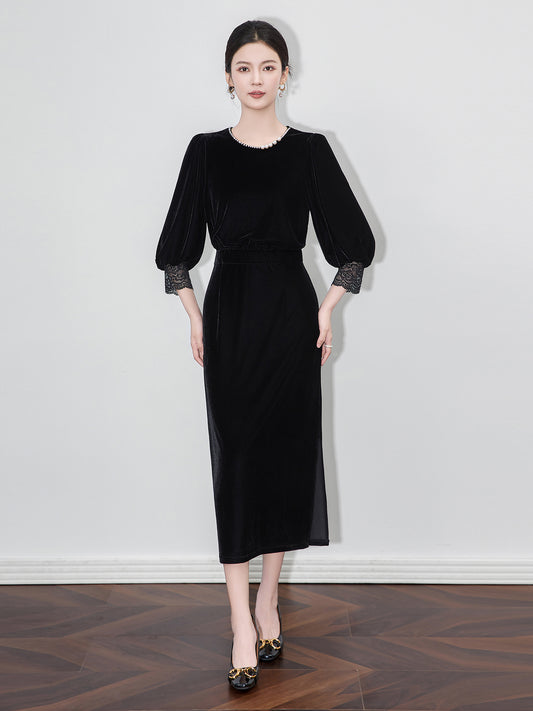 Women's Black Velvet Dress Hollow Design Pearl Slim Fit Elegant Midi Robe