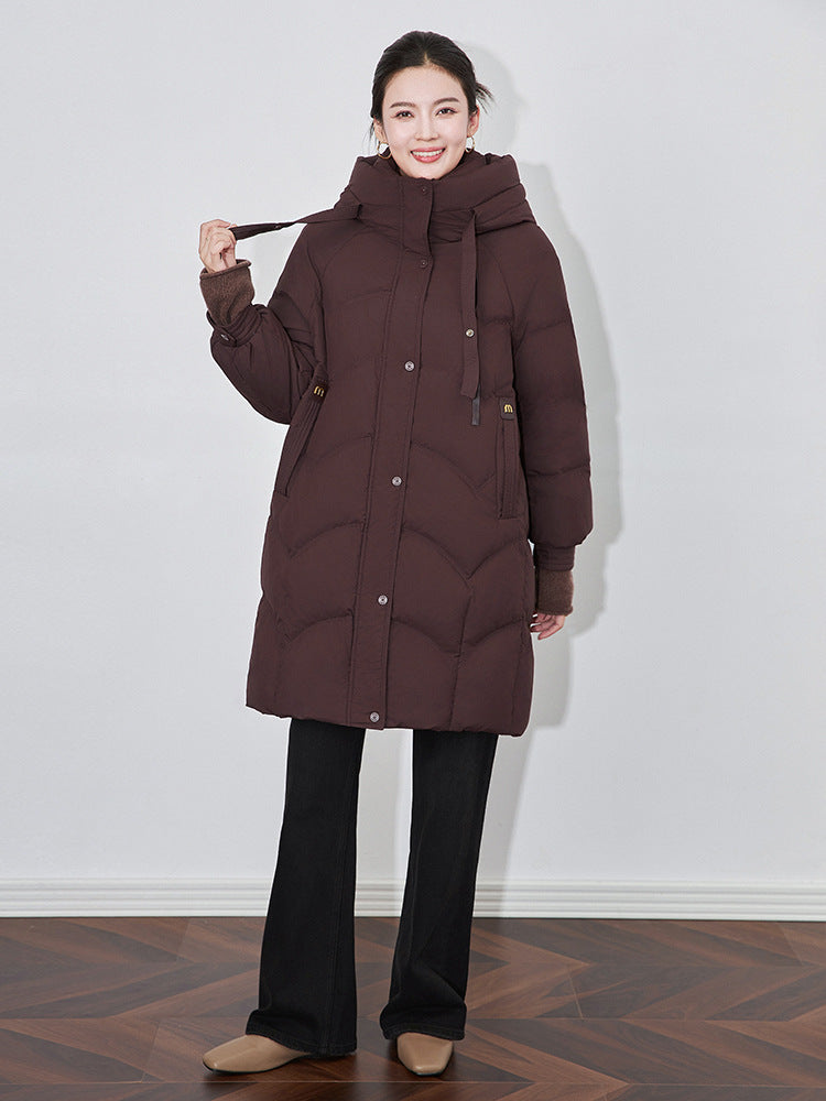 High-End Women's Mid-Length Over-Knee Down Jacket Winter New Style Warmth Outerwear Thickened Long Sleeve Polyester Fiber