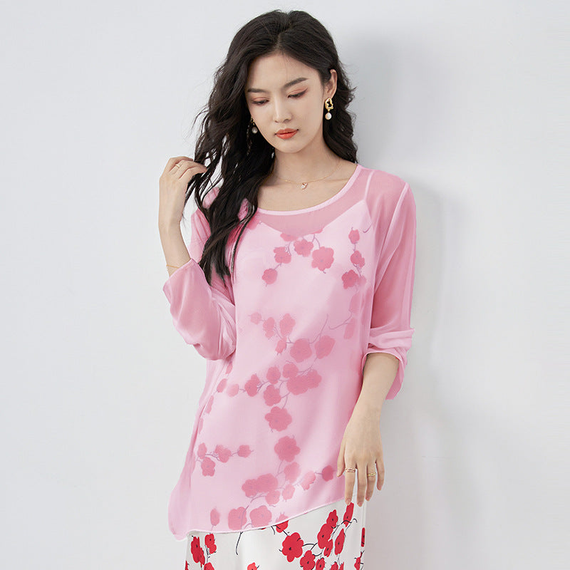 Silk Long Sleeve Round Neck T-Shirt Women's Micro Translucent Sexy Large Flower Cutout Spring 2025 Artistic Retro Style