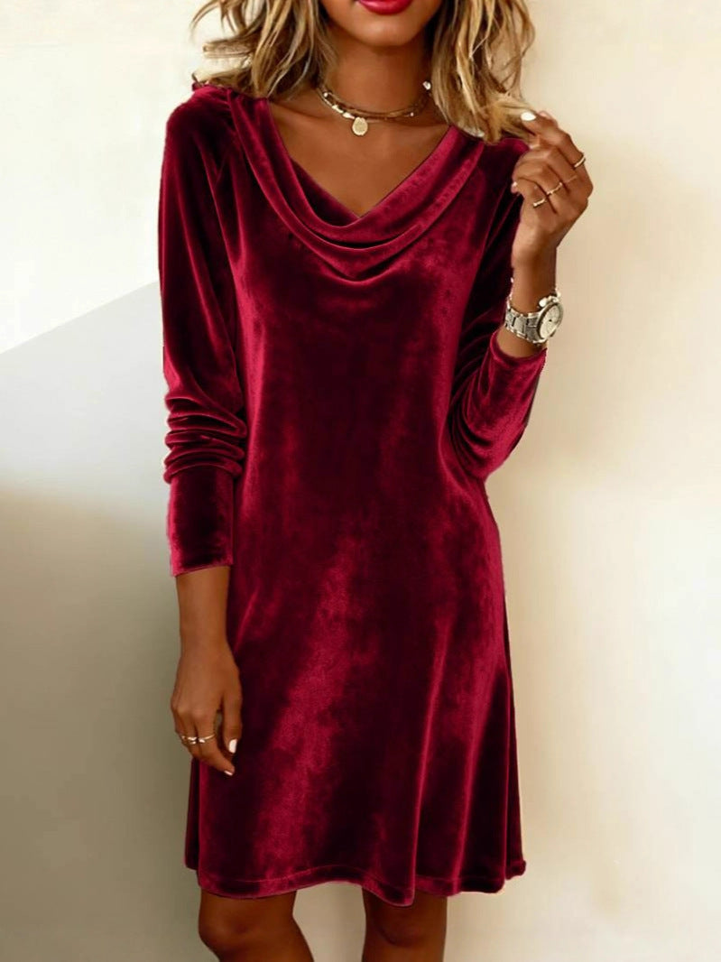 Casual Dress Autumn Winter Fashion Women's New Solid Color Swing Collar Long-sleeved Sexy Velvet Dress Holiday Party Dress