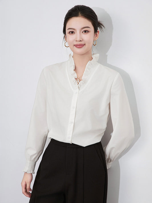 Lanen Playful Series Yellow Lace Trim V-neck Women's Shirt European Style New Arrival Slim Fit Cotton Button-up
