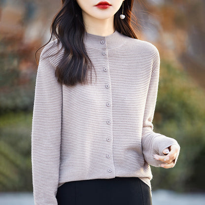 Spring Autumn Women's Round Neck Knitted Sweater Silk Wool Blend Open Cardigan Plain Color Full Sleeve Casual Outerwear