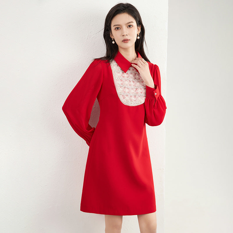 Long Sve Lace Dr Women's Street Sle Loose Waist A-Line Skirt Polyester Fiber Spandex Elastic Fiber Autumn Wear