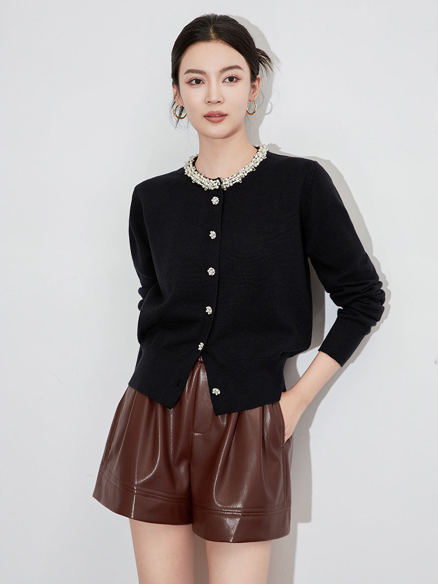 Light Sweet Gray French Age Reduction Bead Sweater Cardigan, No Pilling Knitted Cardigan Top 10% Wool Comfortable