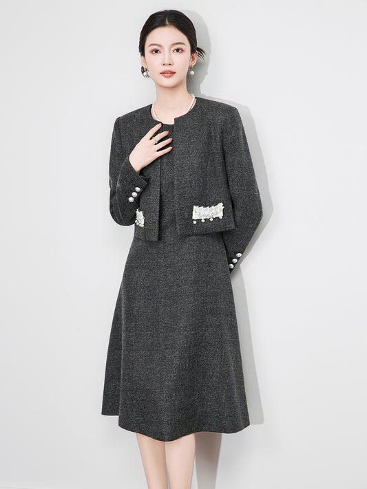 Autumn New Style Rich Girl Elegant Small Fragrance Wind Suit Set Jacket Vest Dress Mini Skirt Full Sleeve Other Collar