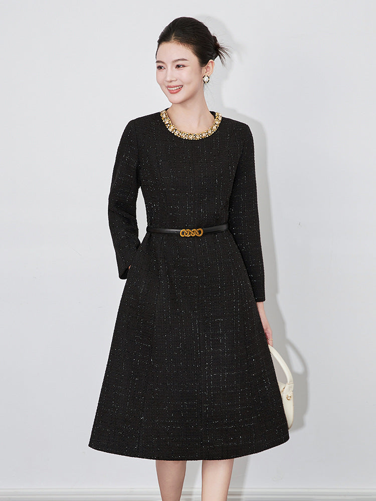 Heavy Duty Round Neck Gold Diamond Glitter Yarn Fashion Dress Women Autumn Winter