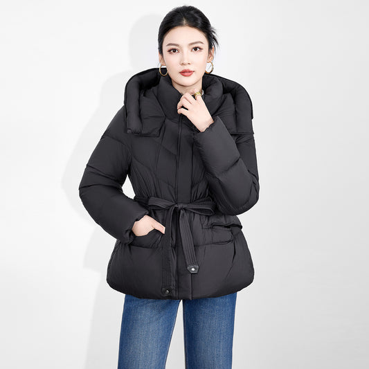 Women's Winter Jacket Female Casual Waist Slimming Hooded Short Cotton Jacket Women Pure Color High Collar Warm Parkas