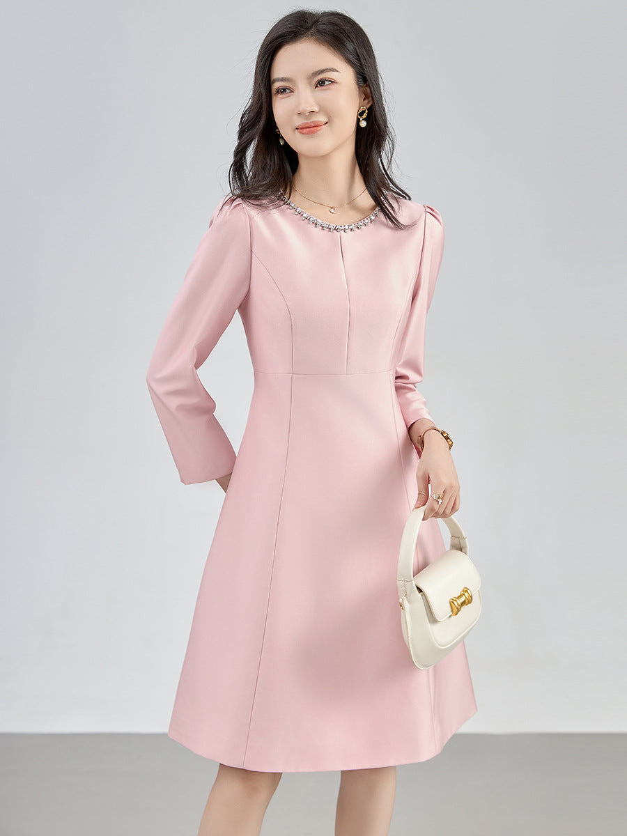 French Elegant Temperament Socialite Diamond Round Neck Long Sleeve High Waist Slim A-line Evening Party Dress for Women Autumn