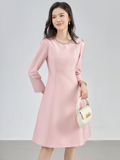 French Elegant Temperament Socialite Diamond Round Neck Long Sleeve High Waist Slim A-line Evening Party Dress for Women Autumn
