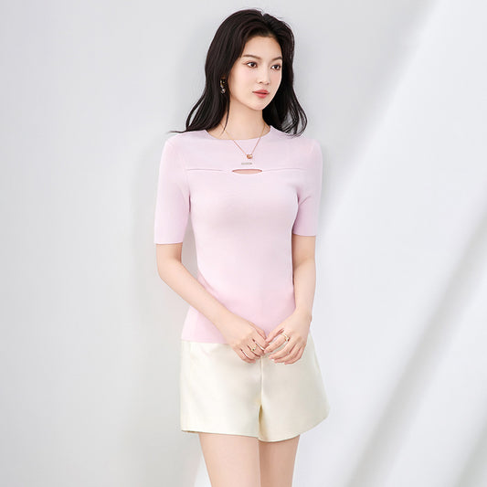 Ice Sensation Hollow Out Design Slim Fit Short Sleeve Knitted Top Round Neck T-Shirt Basic Style Regular Sleeve Length