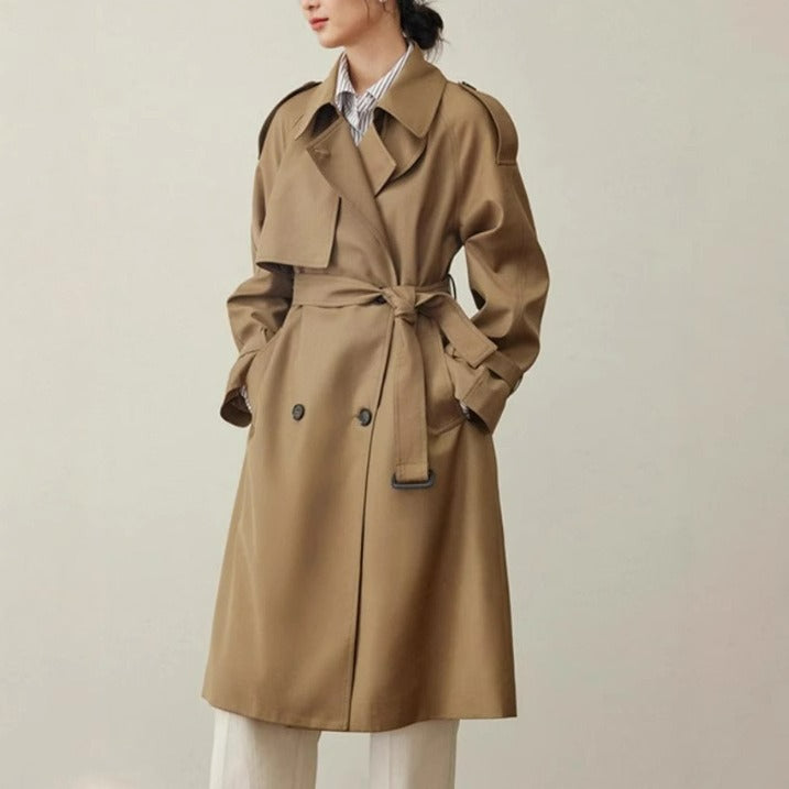 Double Breasted Loose Mid-length Trench Coat Solid Color Commute Fashion Elegant Women's Clothing