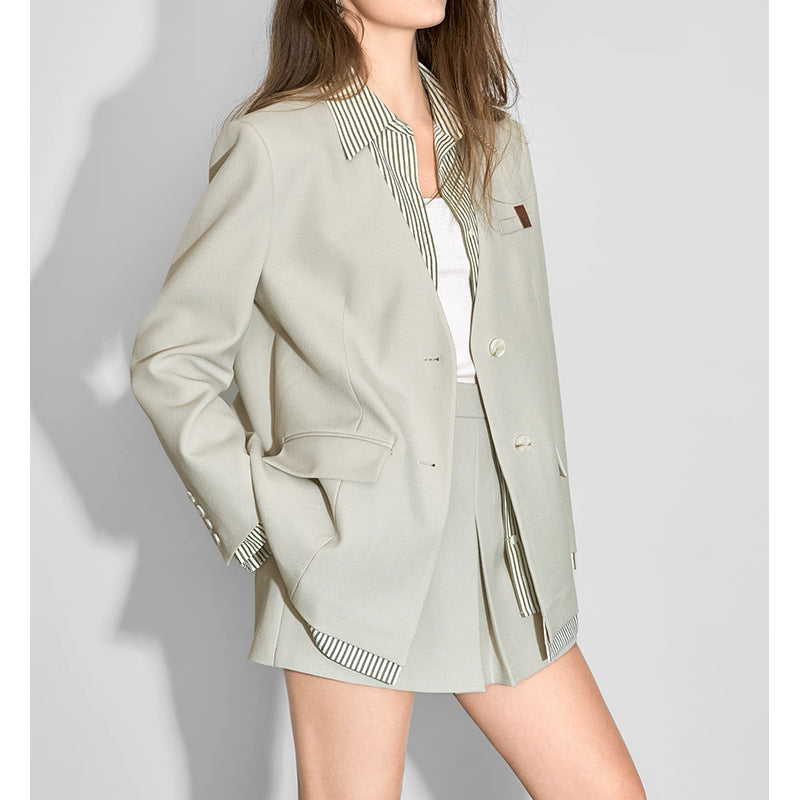White Fake Two Piece Blazer Jacket for Women 2025 Autumn Winter Shirt Patchwork Layered Look Chic Casual Outerwear Trendy Top
