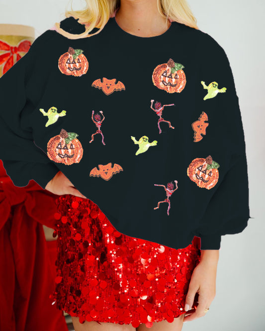 Women s Halloween Loose Sweatshirt Long Sleeve Round Neck Pumpkin Print Pullover