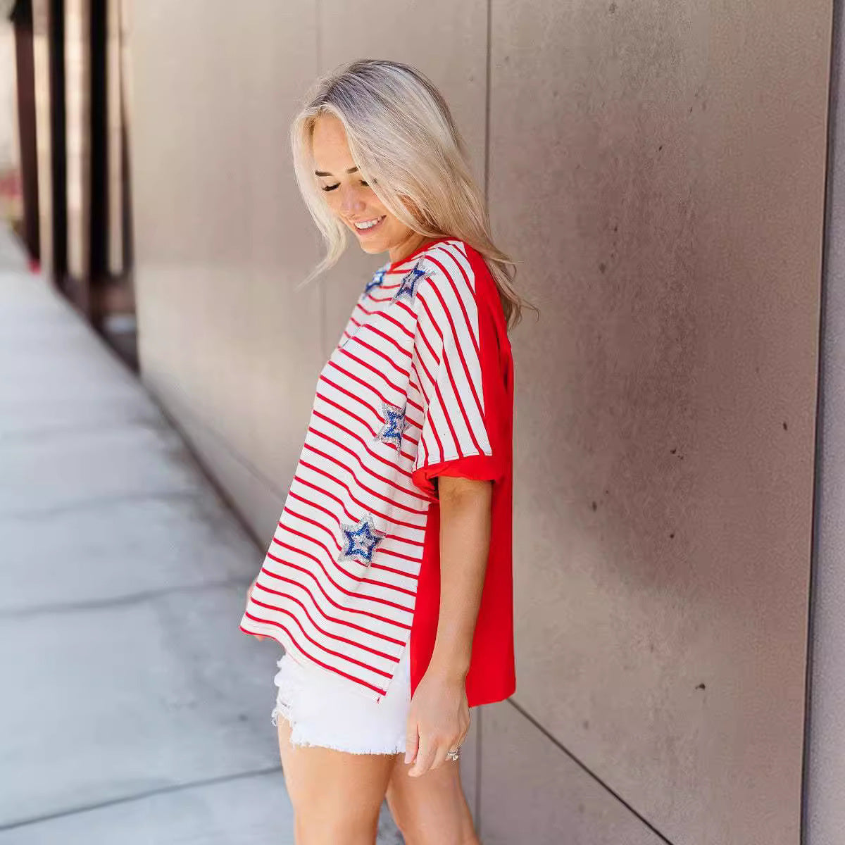 Women s American Flag Print Shirt Fouth of July T-Shirts Summer Casual Loose Patriotic Tee Basic Tops
